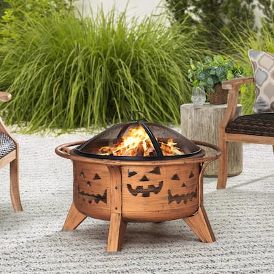 Sunjoy 30 in. Outdoor Wood-Burning Fire Pit, Patio Woven Round Steel Firepit Outside with Spark Screen and Poker - N/A