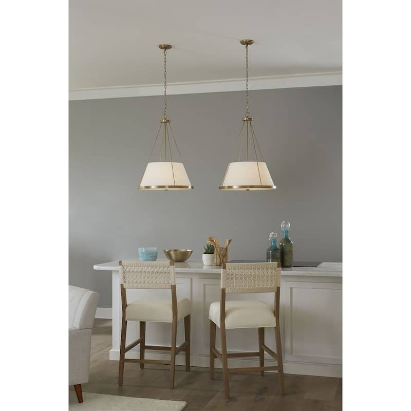 Saffert Collection Three-Light New Traditional Vintage Brass White Linen Glass Pendant Light - 22 in x 22 in x 30 in