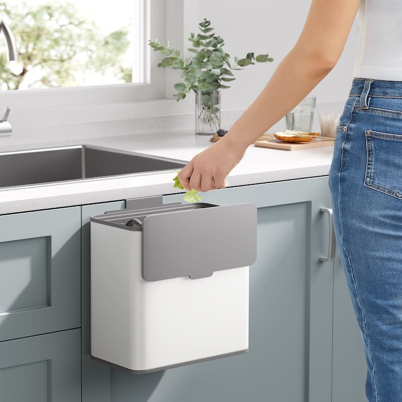 2.1 Gallon Hanging Trash Can with Lid for Kitchen Cabinet Wall Mounted or Countertop Use