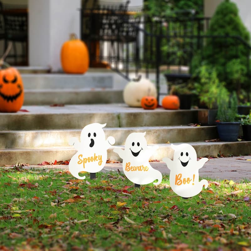 Glitzhome Halloween LED Ghost Cat Pumpkin Nutcracker Yard Stakes Standing Sign Hanging Decor