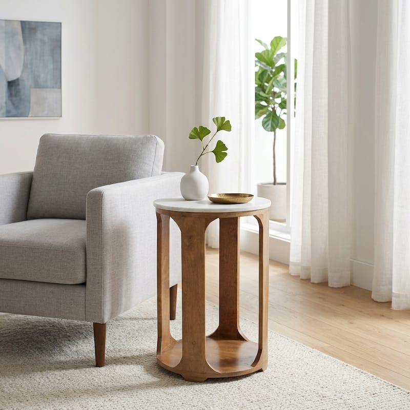 Modern Round Stone Top Accent Table with Wood Base - 22", Brown