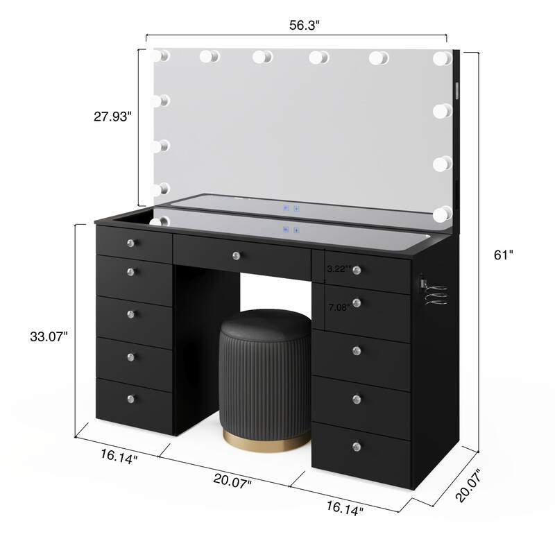 Boahaus Elle Makeup Vanity with Bluetooth Speaker, 12 Lights, and 11 Drawers
