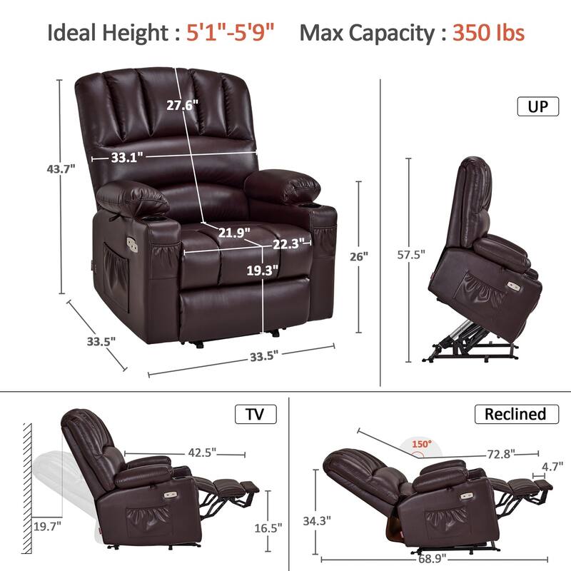 MCombo Power Lift Recliner Chair, Massage and Heat for Elderly, Extended Footrest,Cup Holders, USB Ports 7095