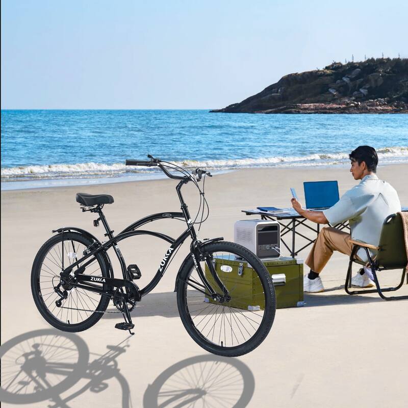 Beach Cruiser Bike, 26 Inch Commuter Bicycle, 7-Speed/Front & Rear Fenders, Comfortable City Bikes, Ergonomic Upright Design