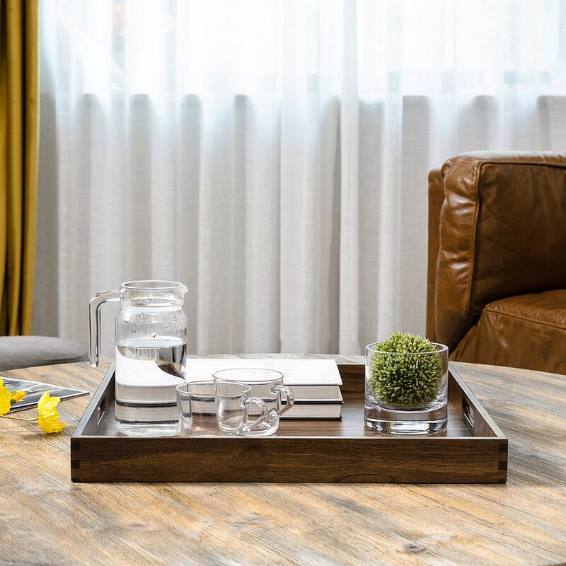 KINWELL Square Black Walnut Wood Serving Tray Ottoman Tray with Handles