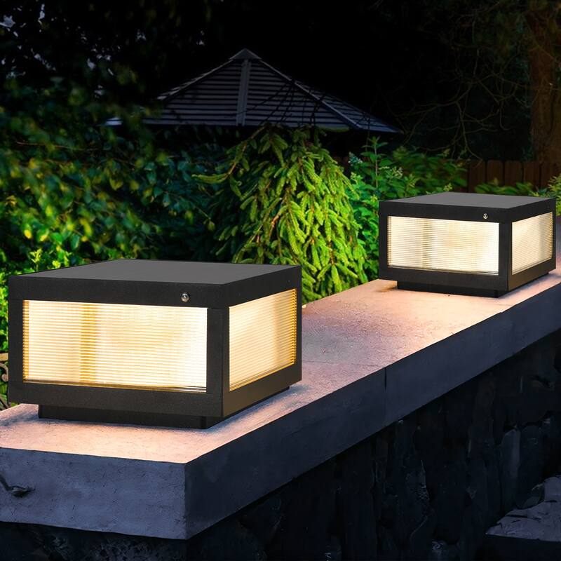 12" Black Solar Powered LED Post Cap Light, Modern Outdoor LED Fence Light for Pathways, Decks, and Patios (2-Pack) - Black