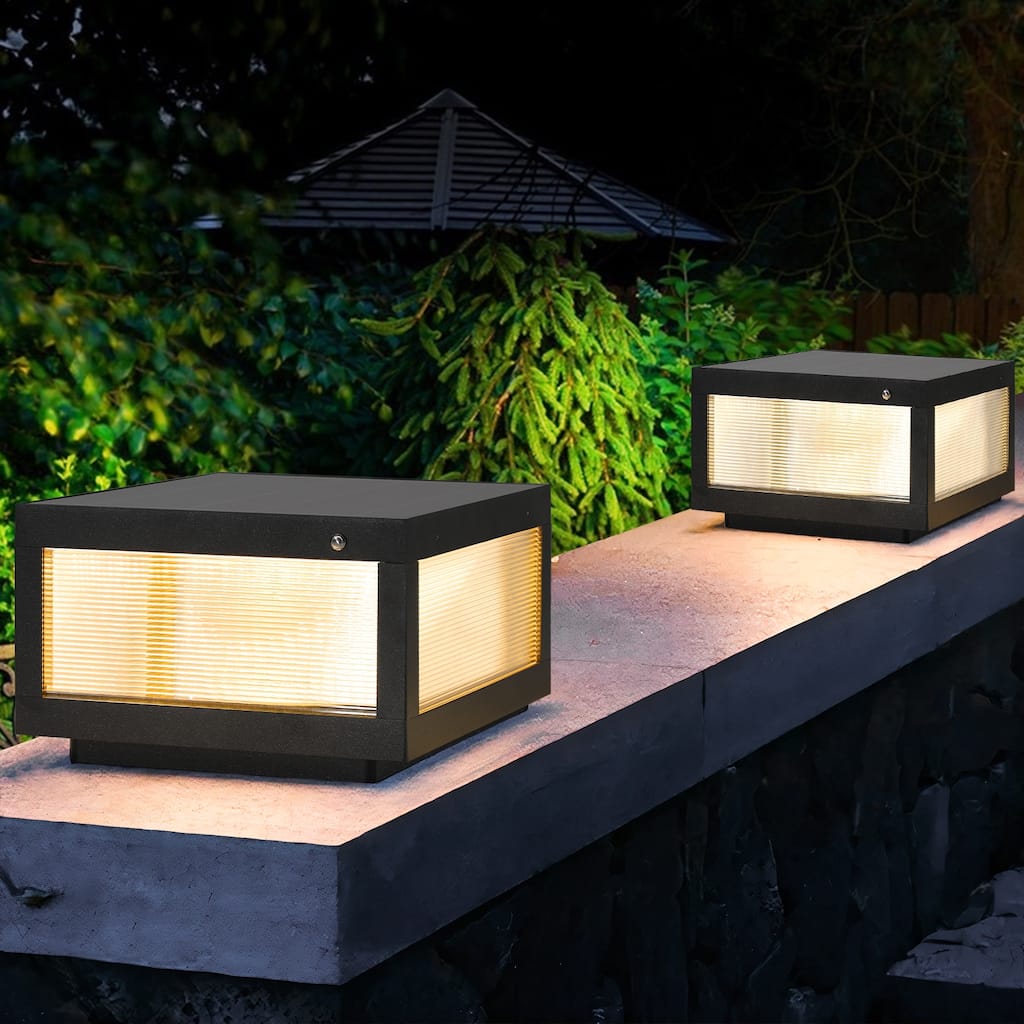 12" Black Solar Powered LED Post Cap Light, Modern Outdoor LED Fence Light for Pathways, Decks, and Patios (2-Pack)