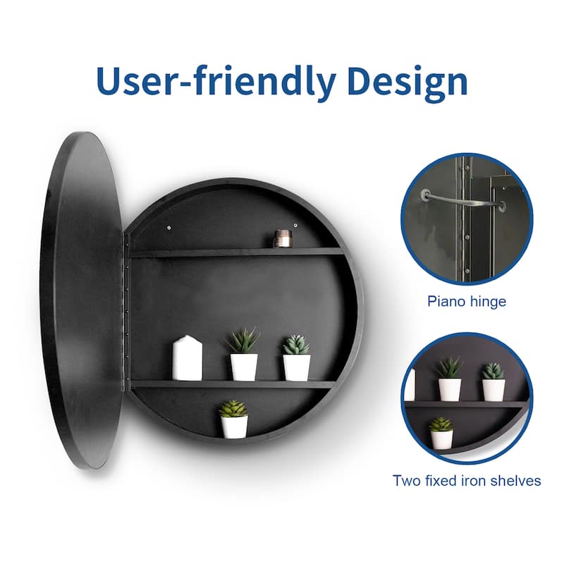 24-in W Black Wall Mount Round Bathroom Mirror Medicine Cabinet with LED Light