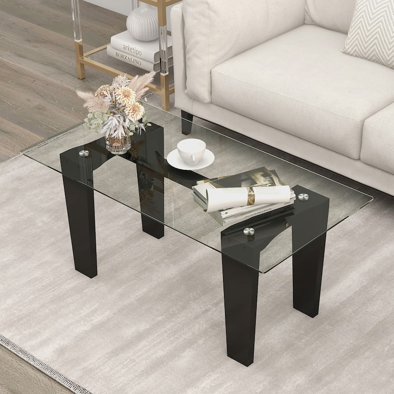 Gymax Rectangle Coffee Table Modern Tempered Glass Top Accent Table