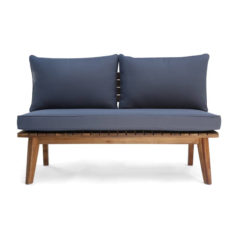 Roomfitters Outdoor Loveseat with Acacia Wood Frame and Navy Cushions, Patio 2-Seat Sofa, Grey