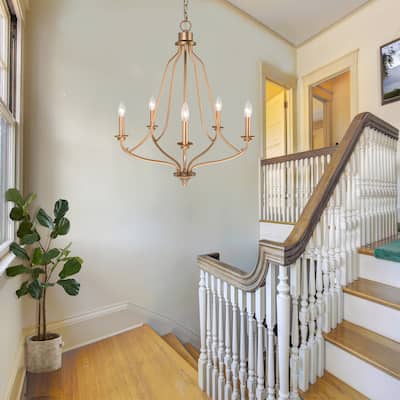 Modern Glam Gold 5-light Empire Wheel Chandelier Candle Ceiling Lighting for Foyer, Stairs - D24" x H89"