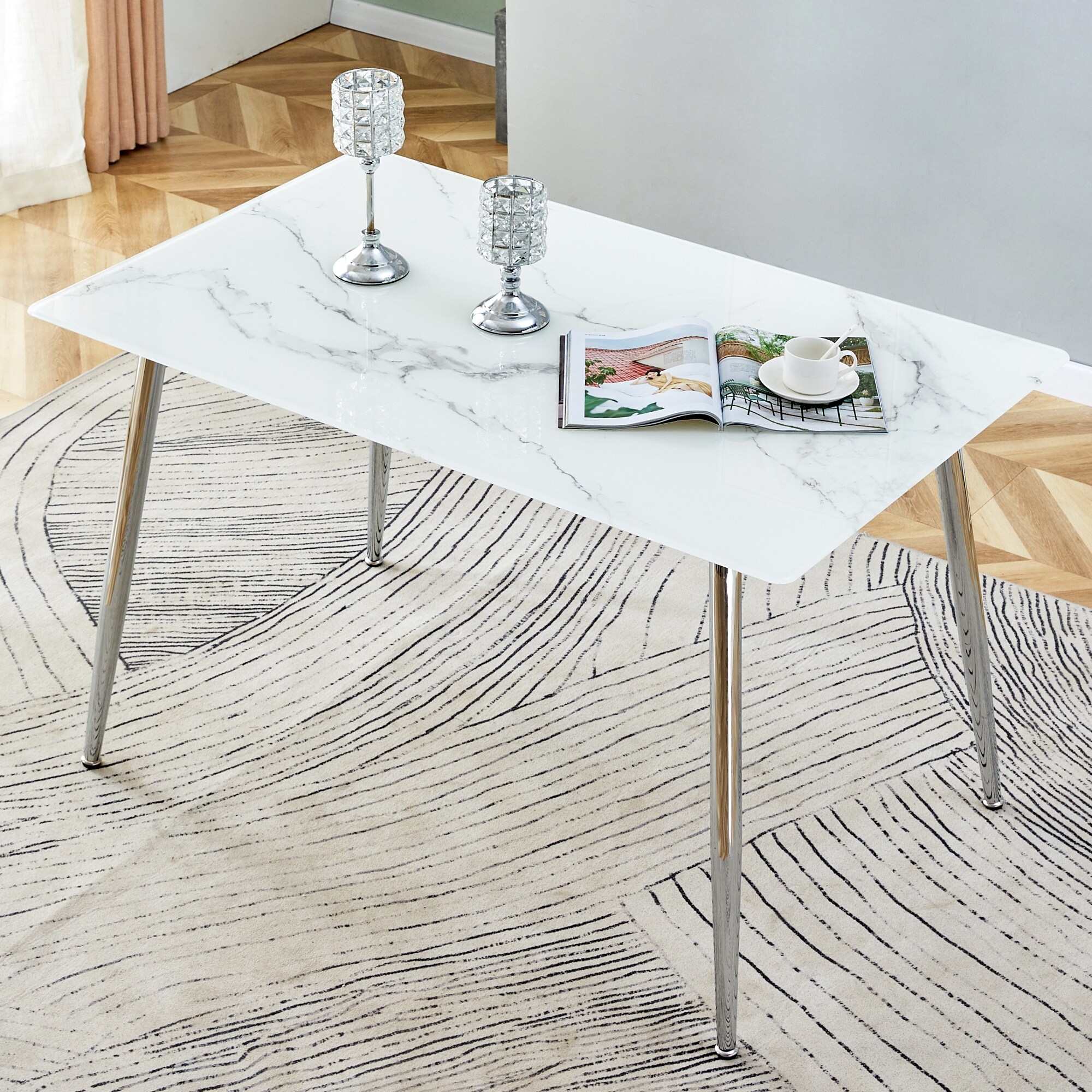 rectangular white imitation marble dining table,0.3 inch thick,silver metal legs,suitable for kitchens