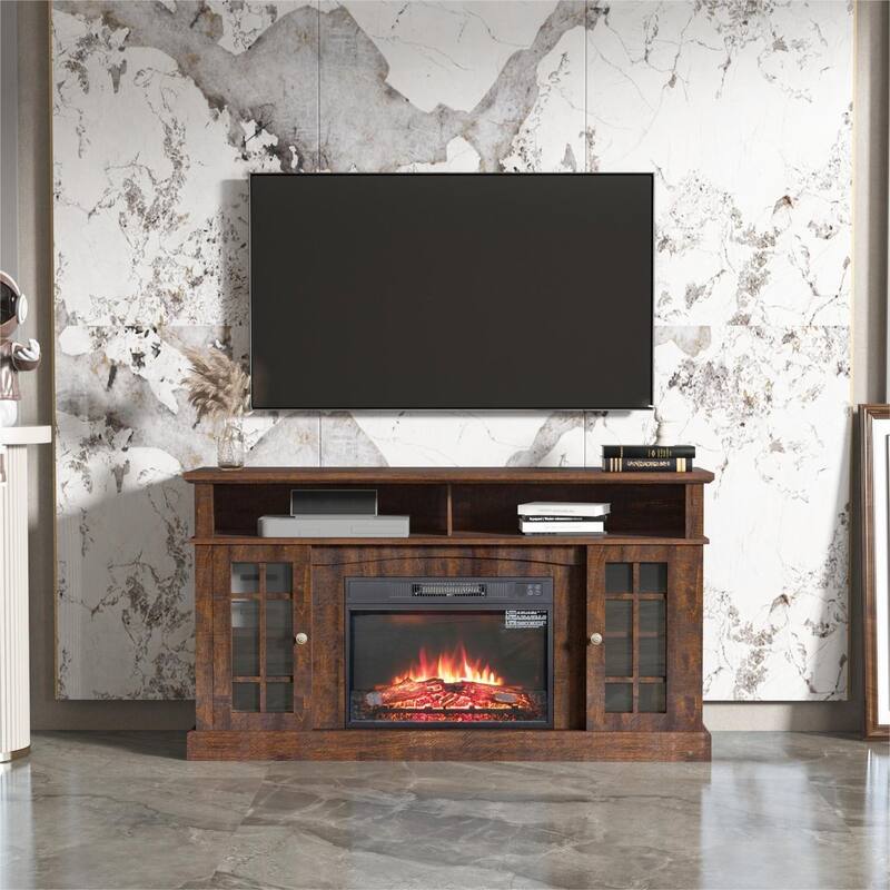 58Inch / 47Inch Fireplace TV Stand Media Furniture With Open Storage Shelves Cabinets TVs Entertainment Table For Living Room