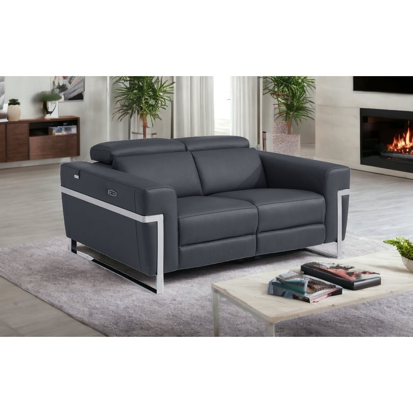 HomeRoots 65" Gray And Silver Italian Leather Power Reclining Loveseat