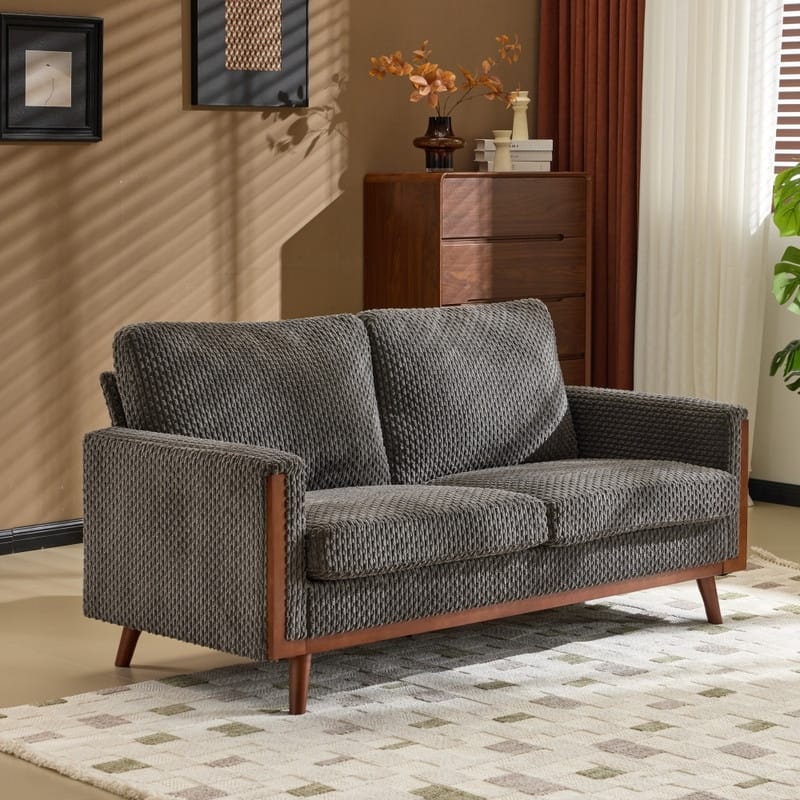 Modern Farmhouse Velvet Upholstery Loveseat With Solid Wood Frame Compact 2-Seater Couch For Small Space