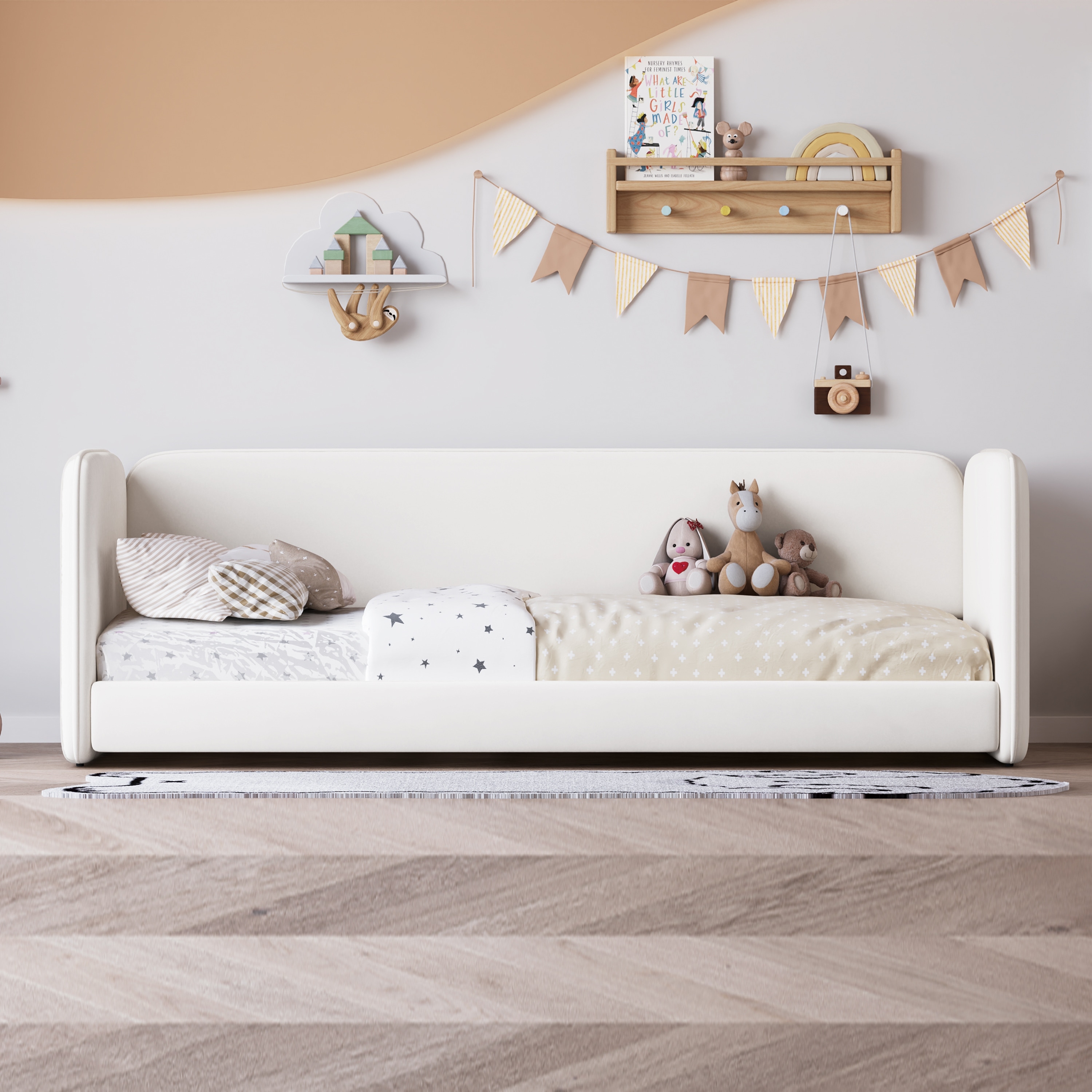 Twin Size Floor Bed Frame with Upholstered Headboard and Armrests