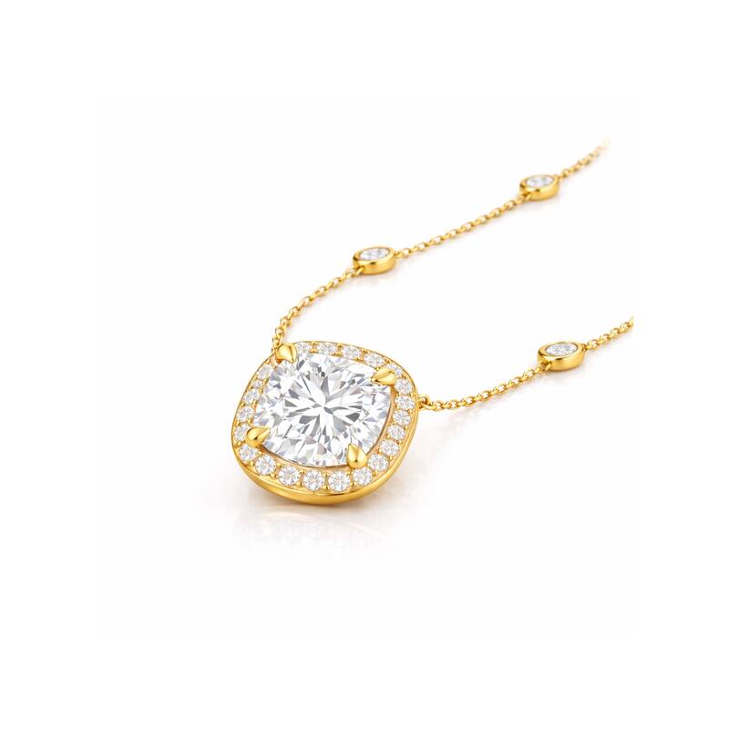 Auriya 14K Gold Lab Grown Cushion Diamond Halo Pendant with Bezel Necklace 1.00 to 5.00 ct. tw. (F-G VS)