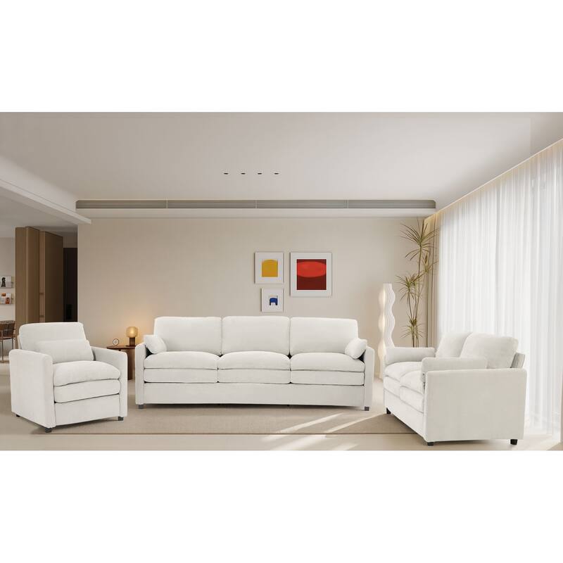 Modern Minimalist Chenille Fabric Upholstered 3-Pieces Living Room Set with a Chair, a 2-Seater Sofa and a 3-Seater Sofa