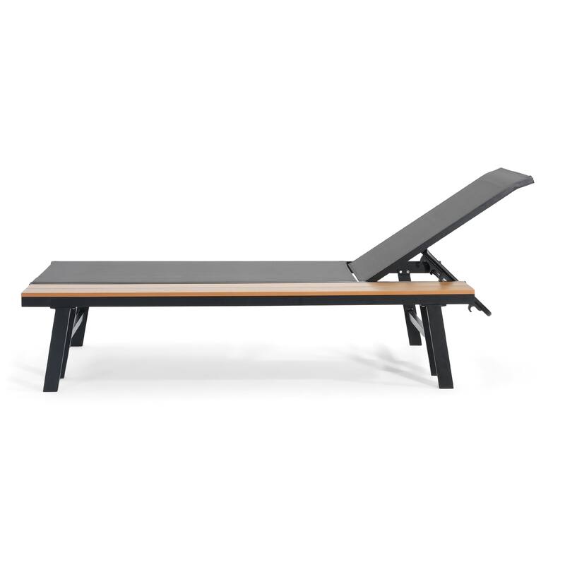 Roomfitters Waterloo Outdoor Aluminum Chaise Lounge with Attached Wood Side Table and Mesh Seat, Black