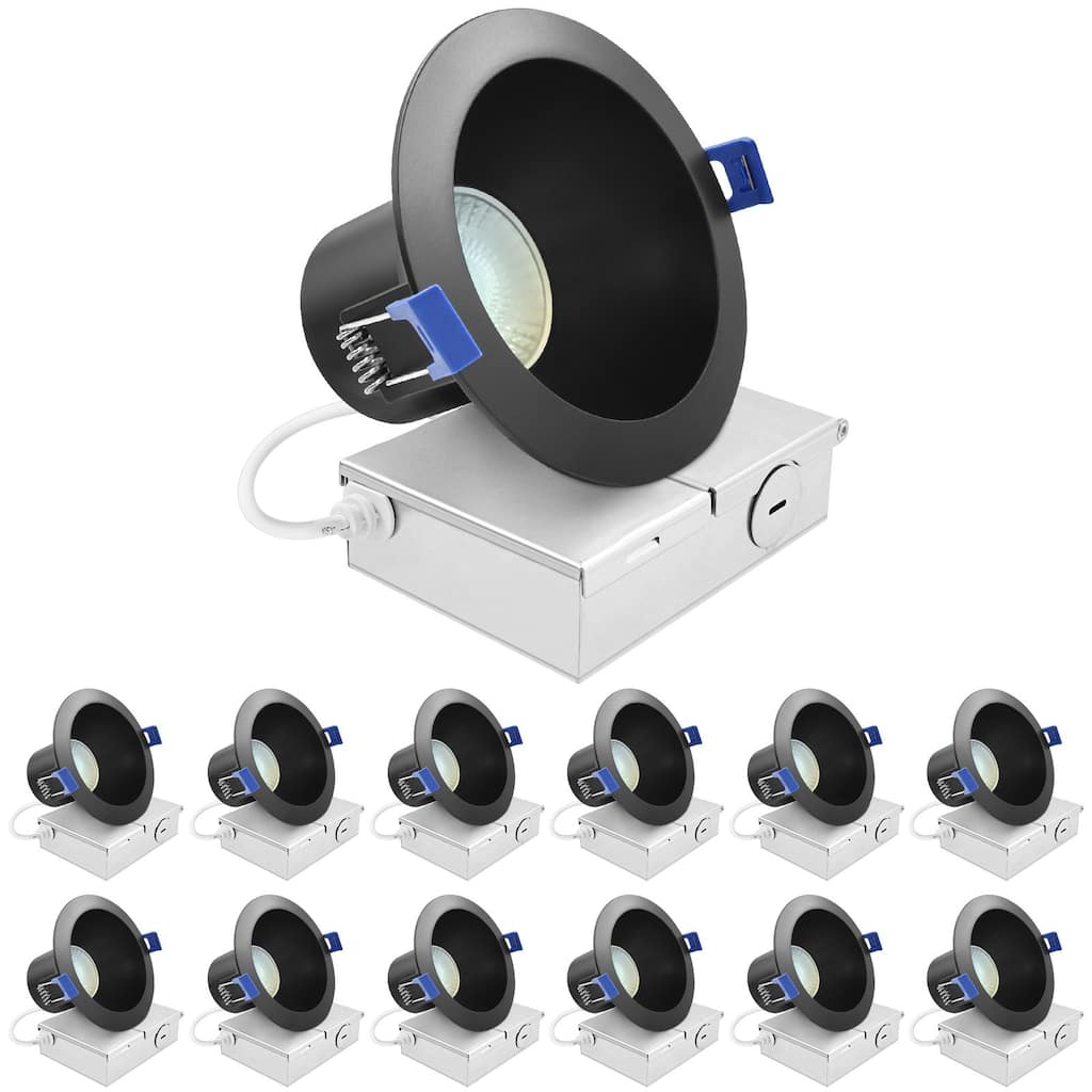 Luxrite 4 in. LED Recessed Ceiling Light J-Box 12W 5CCT 960 Lumens Wet Rated IC Rated ETL Black 12 Pack
