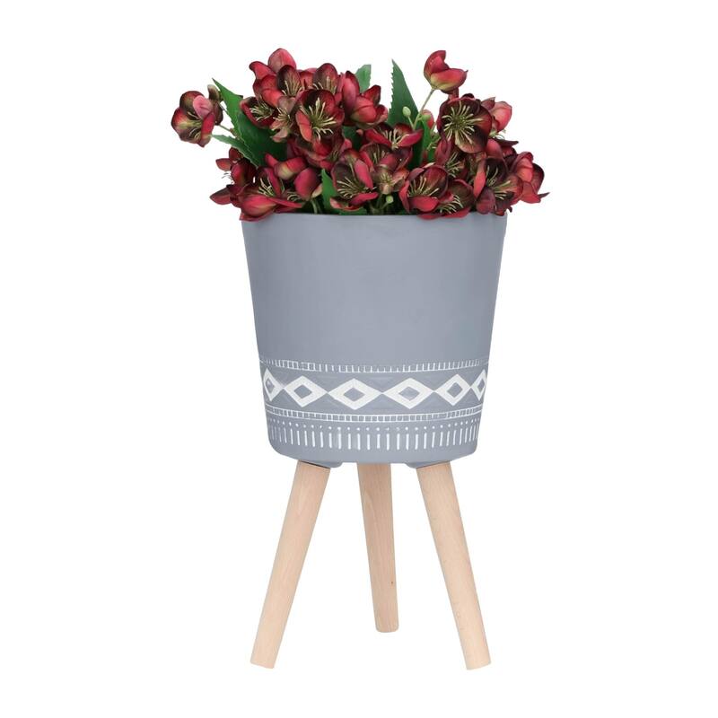 10/12" Diamond Ceramic Planter with Wood Legs,Set of 2