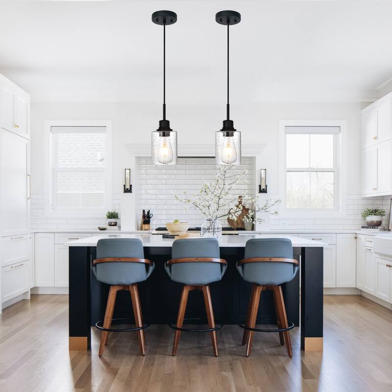 Modern Metal Pendant Lights with Seeded Glass - Black