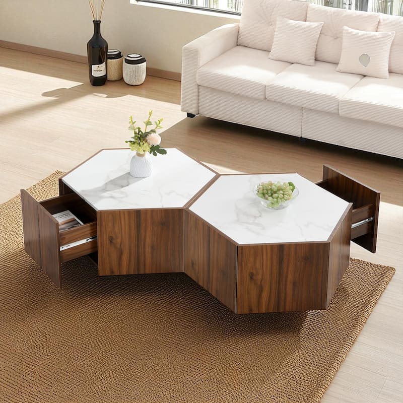 Hexagonal Rustic Coffee Table with Textured Marble Top, 2 Hidden Drawers, Light Brown Oak Finish, MDF