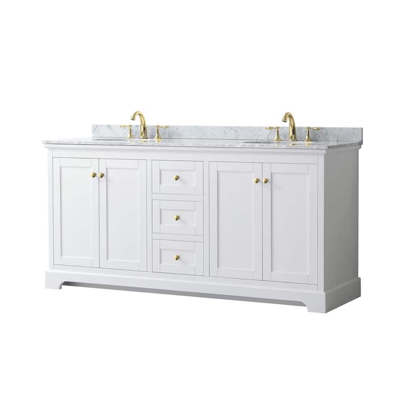 Wyndham Collection Avery 72" Free Standing Double Basin Vanity Set - White / White Carrara Marble Top / Brushed Gold - Painted