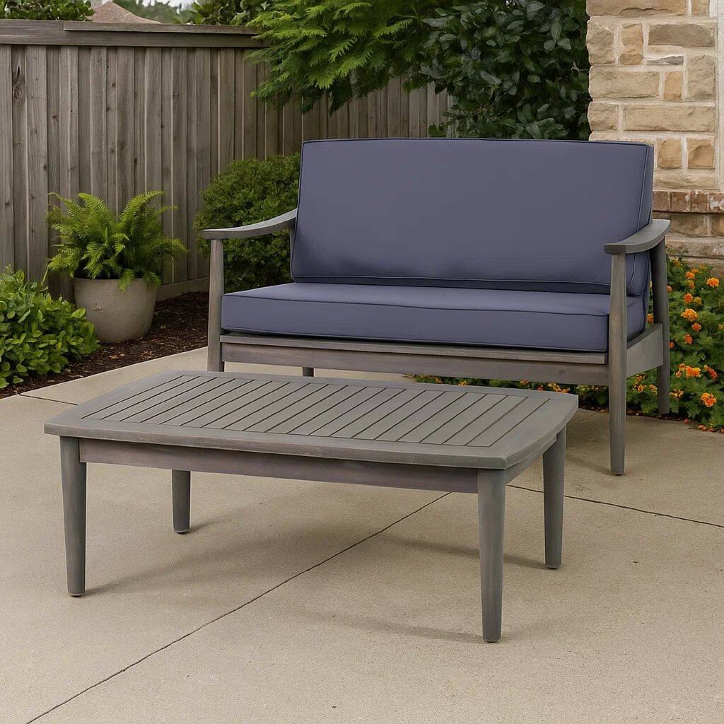 Roxy 2pc Outdoor Loveseat and Coffee Table Set, Acacia Wood, Dark Gray