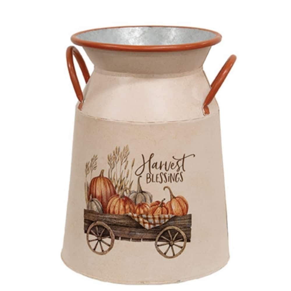 Harvest Blessings Pumpkin Wagon Metal Milk Can Decor