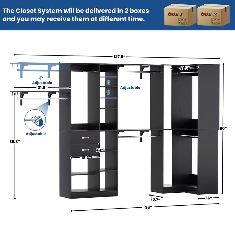 Rackcog 63’‘ - 127.5'' Closet System with Hanging Rods, Set of 2 Corner Closet Organizer with Drawers and Shelves
