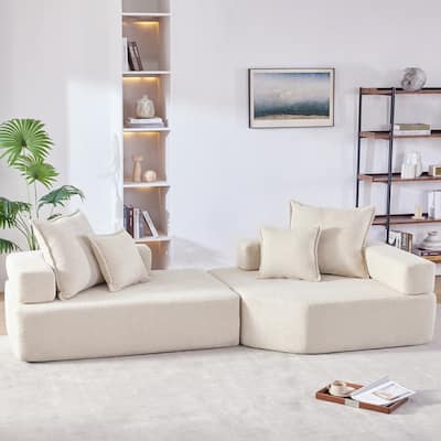 Oversized Modular Sofa, Convertible Compressed Couch, Beige Boucle, 2 PC Free Combo, 104x48x24 inches, 112 lbs