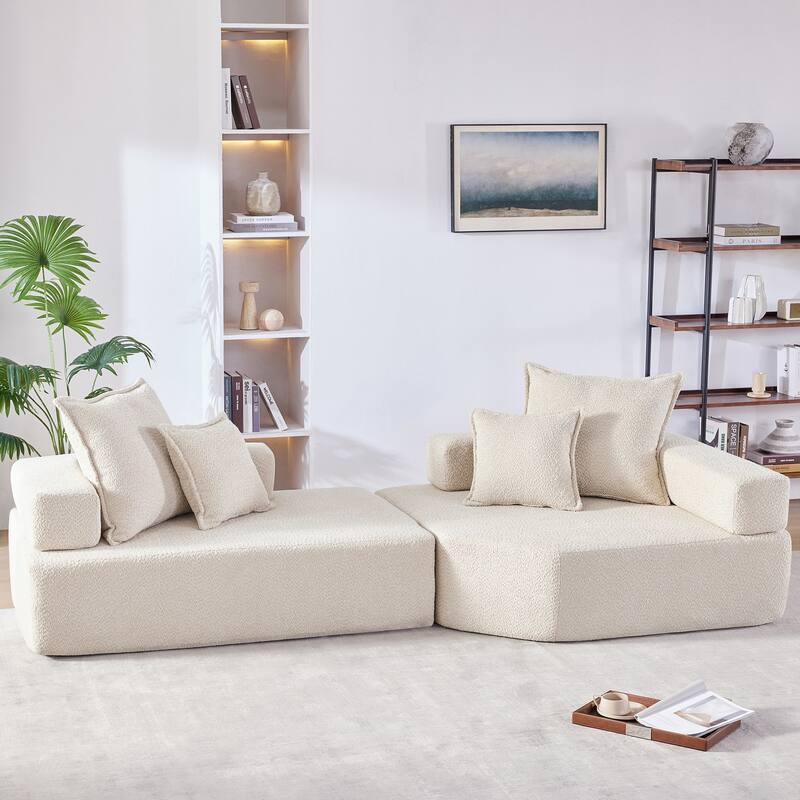 Roomfitters Boucle Modular Sofa with 2-Piece Convertible Set, Oversized Foam-Filled Living Room Floor Couch, Beige - Beige