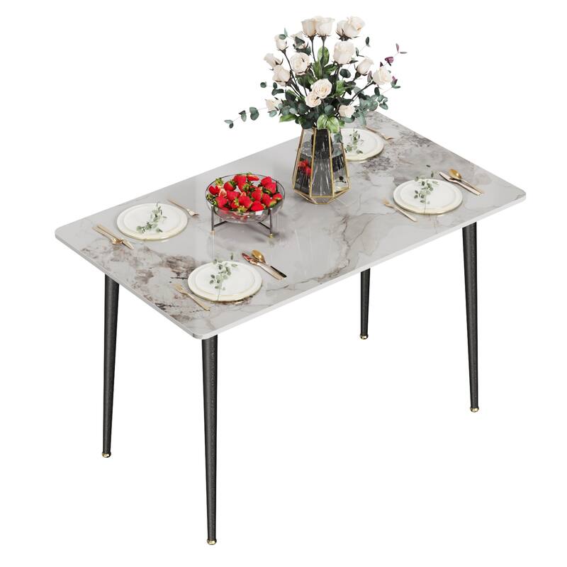 6 Seater Kitchen Dining Table Modern Marble Tabletop Rectangular with Tapered Metal Legs - Cold Jadeite