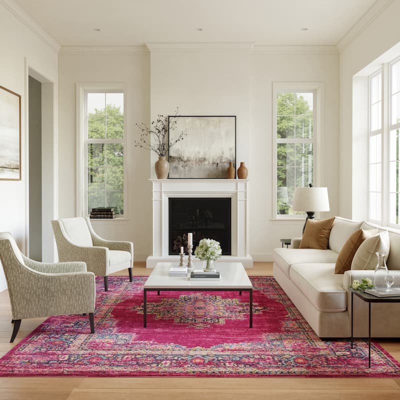 Porch & Den Dobbin Vintage Persian Medallion Farmhouse Area Rug - 9' x 12' - Fuchsia