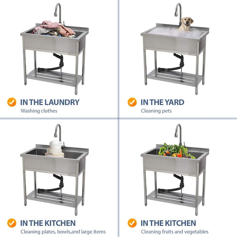 Lordear 36" Large Utility Sink Free Standing Outdoor Stainless Steel Deep Laundry Sink with Faucet