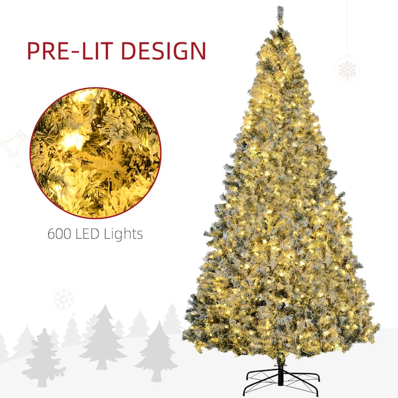 HOMCOM 9ft Tall Prelit Artificial Christmas Tree Holiday Décor with 1868 Snow Flocked Branches, 600 Warm White LED Lights