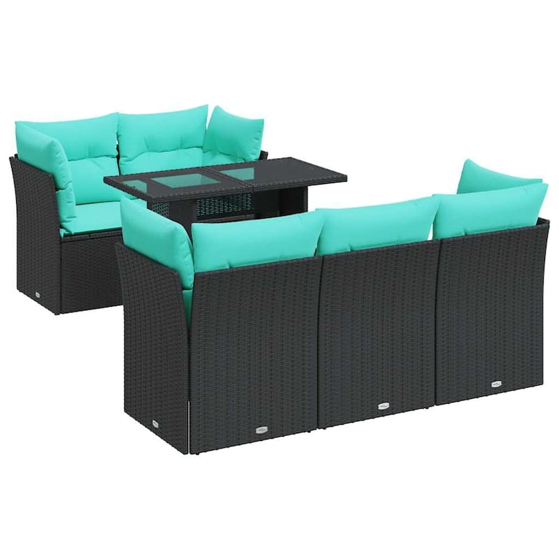 vidaXL 6 Piece Patio Sofa Set with Cushions Black Poly Rattan Acacia - 21.7 x 24.4 x 27.2
