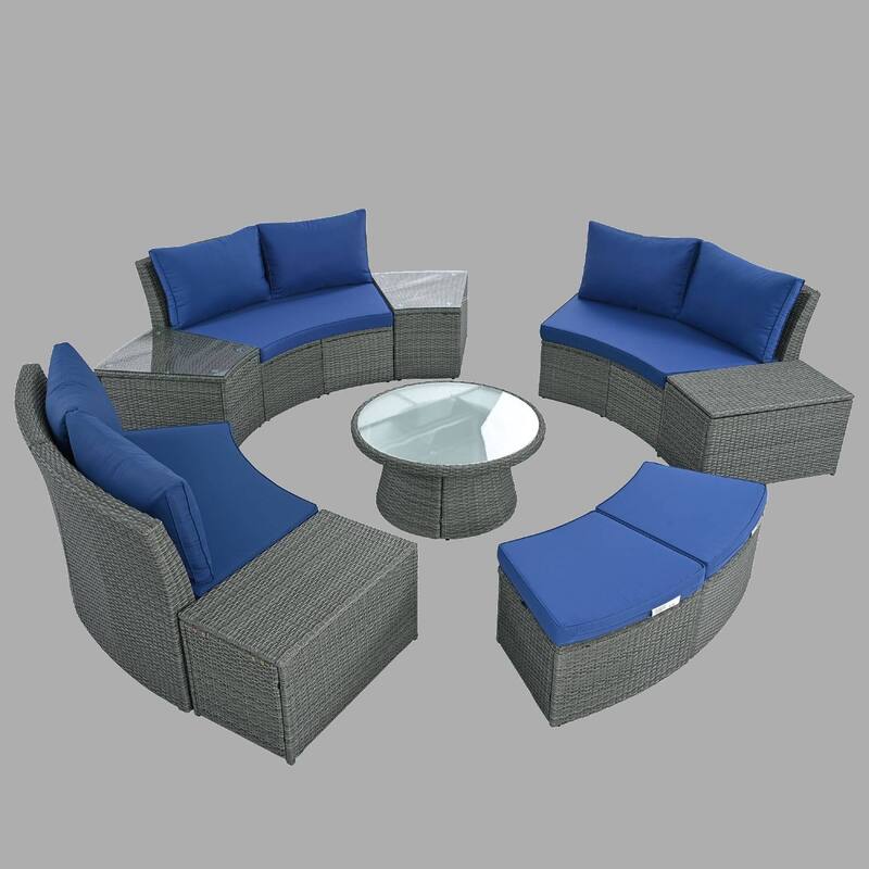 10-Piece Modular Outdoor Sectional Sofa Set, All-Weather PE Rattan with Cushions, Storage Stools & Glass Tables - Blue