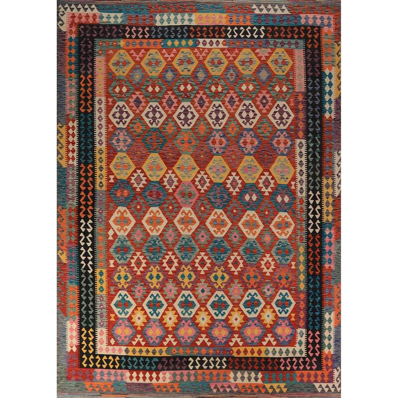All-Over Geometric Kilim Oriental Area Rug Hand-Woven Wool Carpet - 9'10"x 12'8"