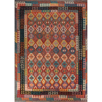 All-Over Geometric Kilim Oriental Area Rug Hand-Woven Wool Carpet - 9'10"x 12'8"