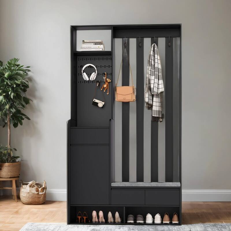 Entryway Coat Rack with Cushioned Storage Bench,4 Hooks and Pegboard