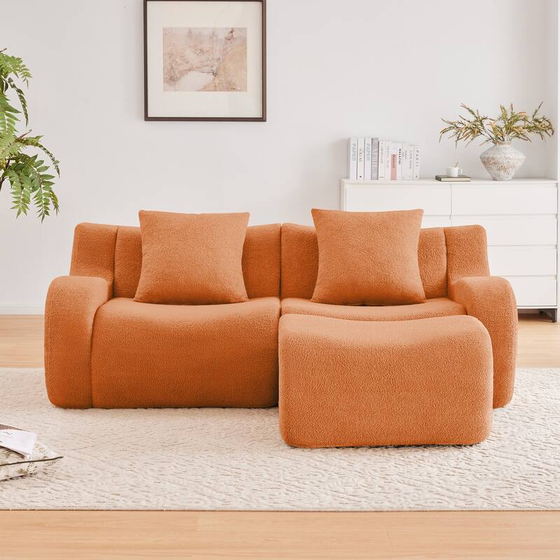 L-Shaped Teddy Fabric 2-Seat Boneless Sofa, No Assembly Required Curved Armrest, Streamlined Design Ergonomic Design