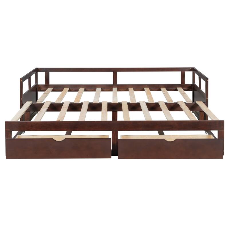 Pine Wood Daybed with Pull-Out Trundle and Two Storage Drawers, Twin to King