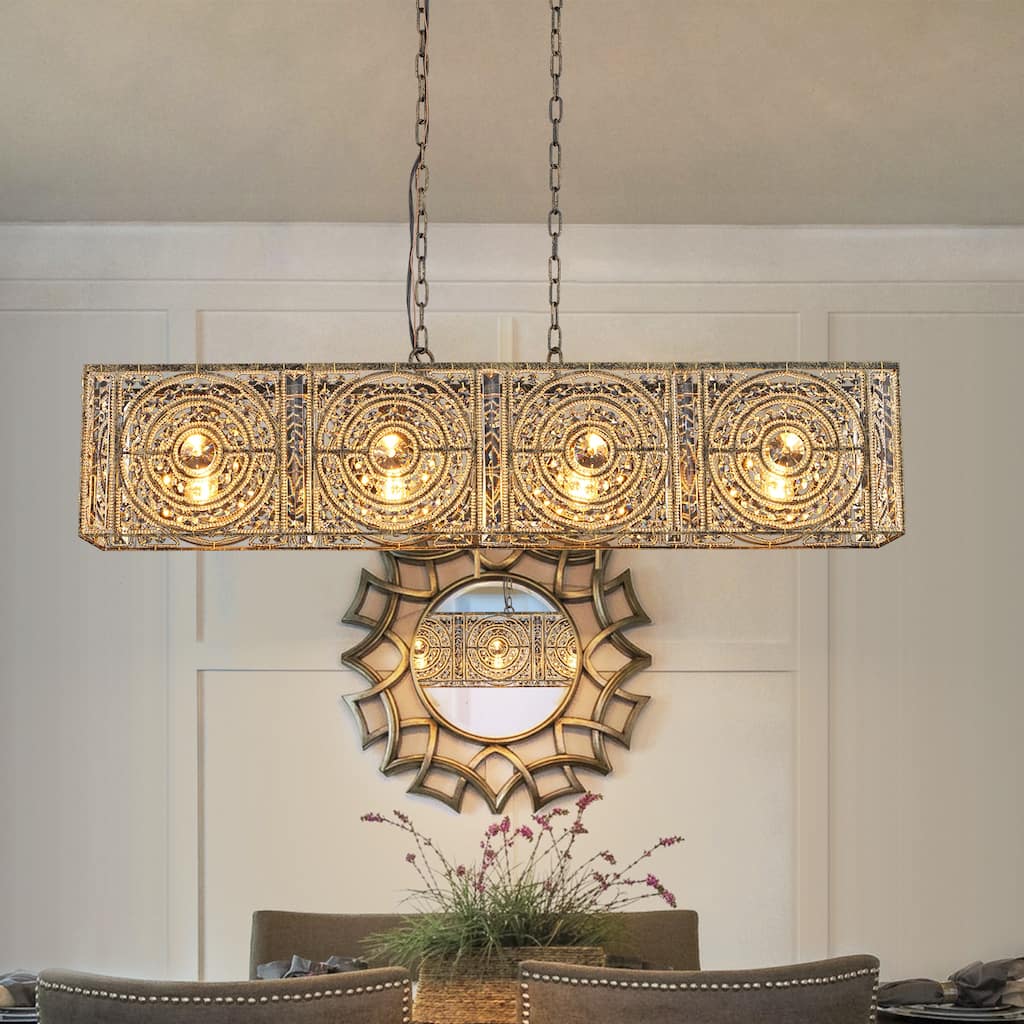 Farmhouse Vintage Brown Rectangular Crystal Chandelier with Metal Frame - W42.13"