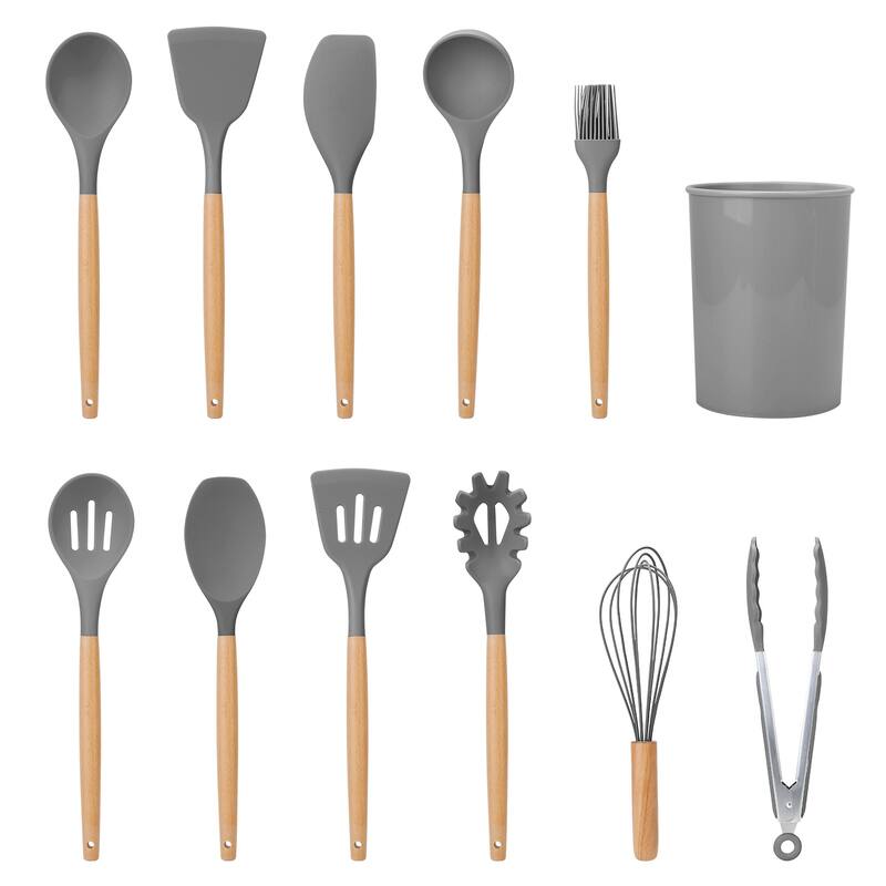 11-Piece Silicone Kitchen Utensil Set Heat-Resistant with Wooden Handles Spatulas Ladle - 4.72 × 4.72 × 6.18 in