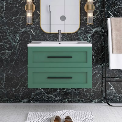 Wall-Mounted Bathroom Vanity in Green with White Ceramic Sink