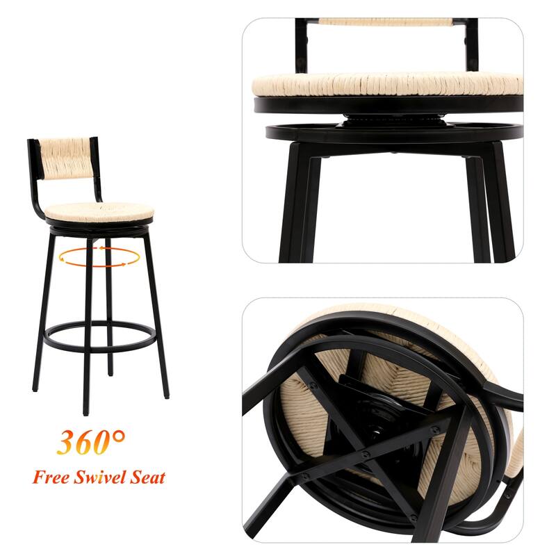 Swivel Counter Height Bar Stools Set of 2, Bar Height Stools, Paper Rope Woven Bar Stools, Farmhouse Island Chair w/ Metal Frame