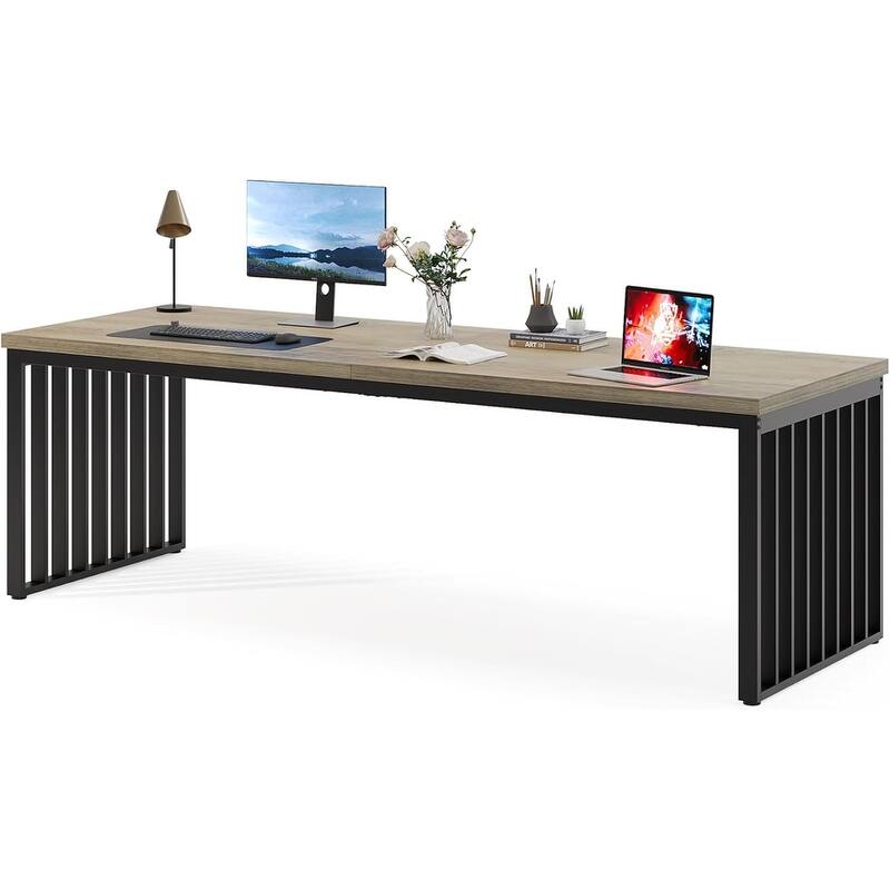 78" Extra Long 2-Person , Double Workstation with Heavy-Duty Steel Legs, Light Walnut & Black Finish