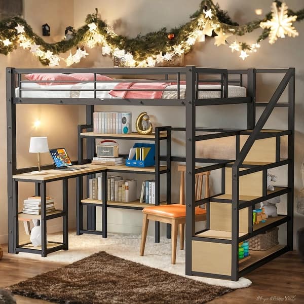 slide 2 of 14, Full Metal Loft bed with Staircase, Built-in Desk and Shelves, Black Black